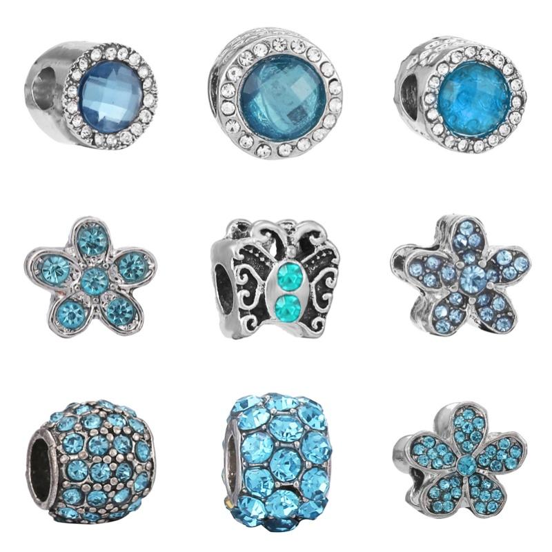 New Silver Plated Blue Diamond Alloy Large Hole Charm Beads For DIY Bracelet Necklace Jewelry Accessories Gifts