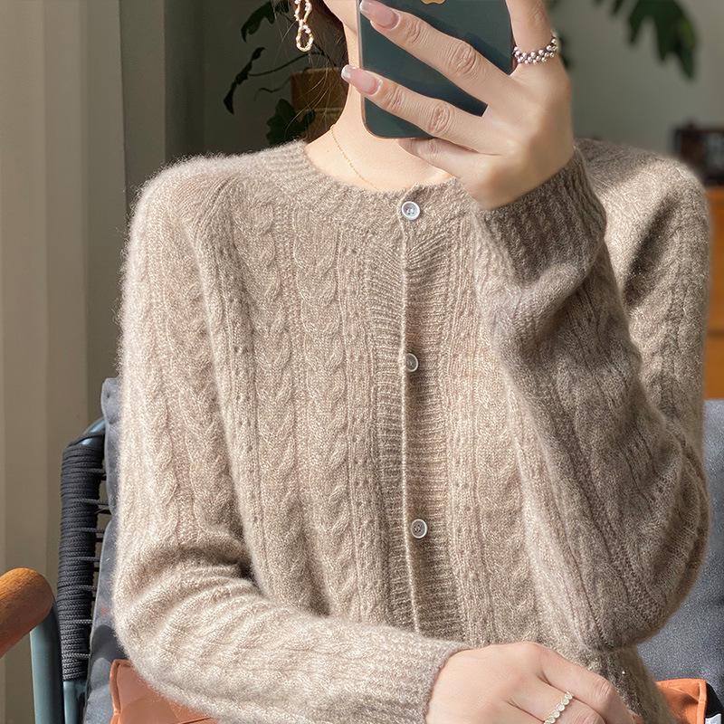 Cardigan tricotat cablu ajurat din lână 100% pentru femei - Croială lejeră pentru toamnă/iarnă
