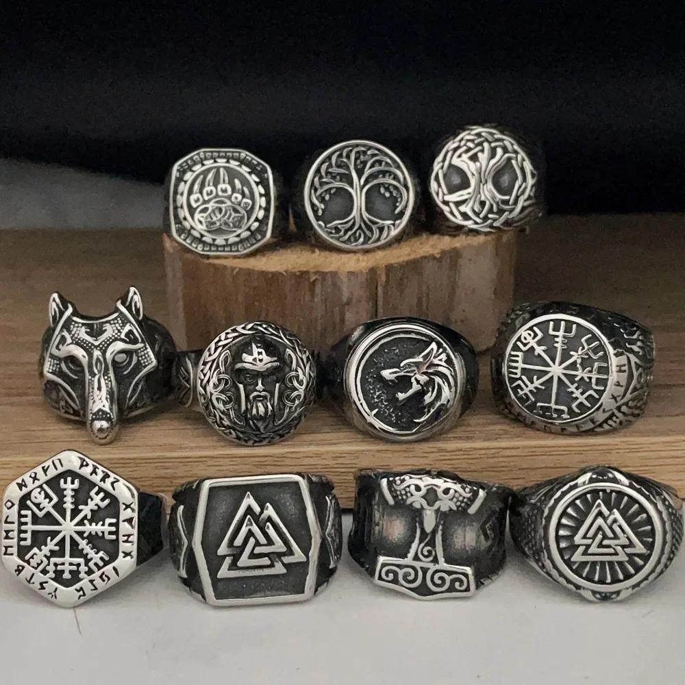 Vintage Viking Men Rings Stainless Steel Ethnic Belief Nordic Odin Compass Tree of Life Valknut Ring Amulet Jewelry