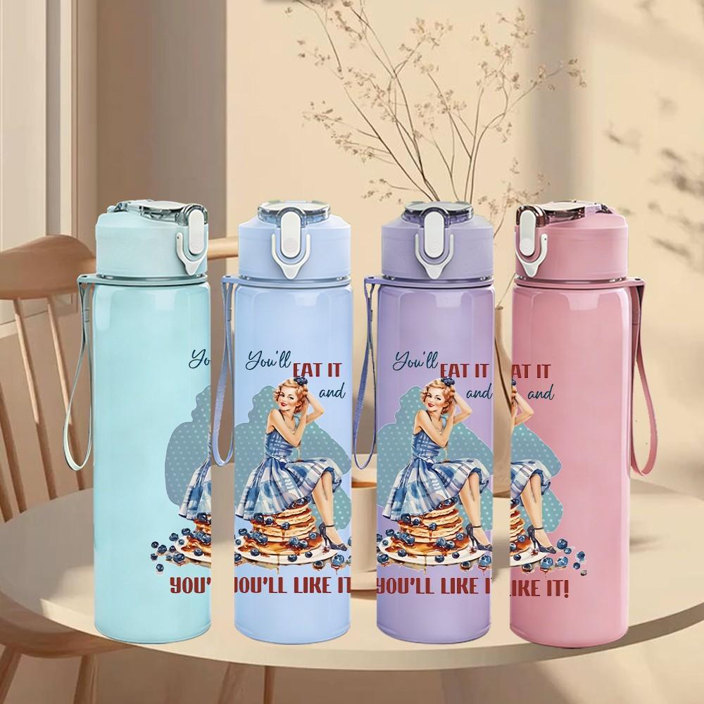 1PC Retro Vintage Lady Art Pattern 750ml Color Plastic Sports Water Bottle Leakproof Flip Straw Lid Suitable for Sports Office Home Use