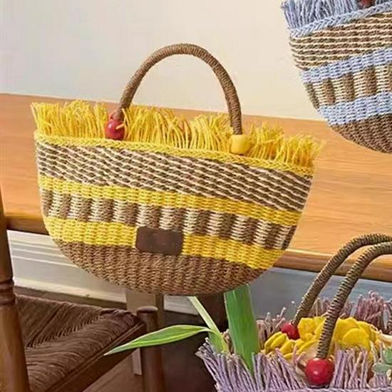 2023 Handmade Woven Straw Bucket Bag: Cute Picnic Basket with Tassel and Wood Bead Decoration