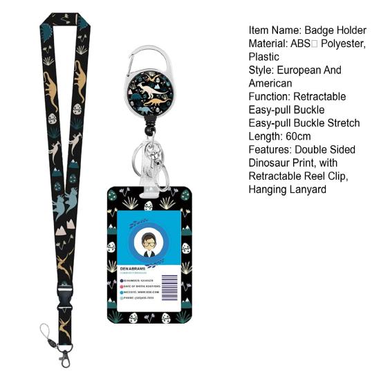 סט 1 מחזיק תג דו צדדי עם הדפס דינוזאורים עם קליפס נגלל נשלף שרוך תלייה מחזיק תעודת משרד