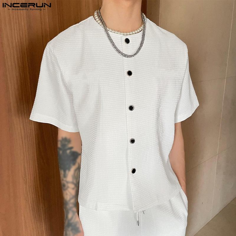 

INCERUN летние тонкие мужские рубашки с короткими рукавами праздничные Henley Slim Fit с круглым вырезом повседневные блузки топы больших размеров