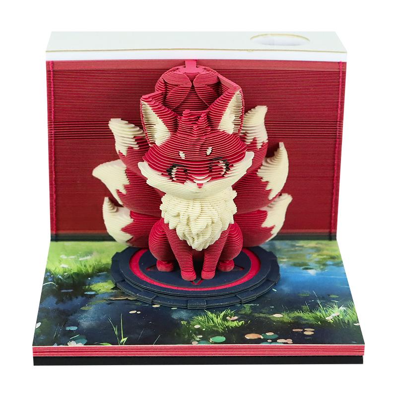 3D Fox Paper Sculpture Calendar & Sticky Notes: Creative Desk Ornament