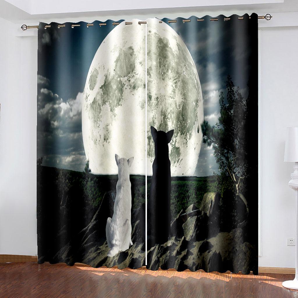 Polyester Window Curtain for Bedroom and Living Room, 2 Panel Decor Hooks, Black Cute Cat, Thin Shading, 130x240, Free Shipping