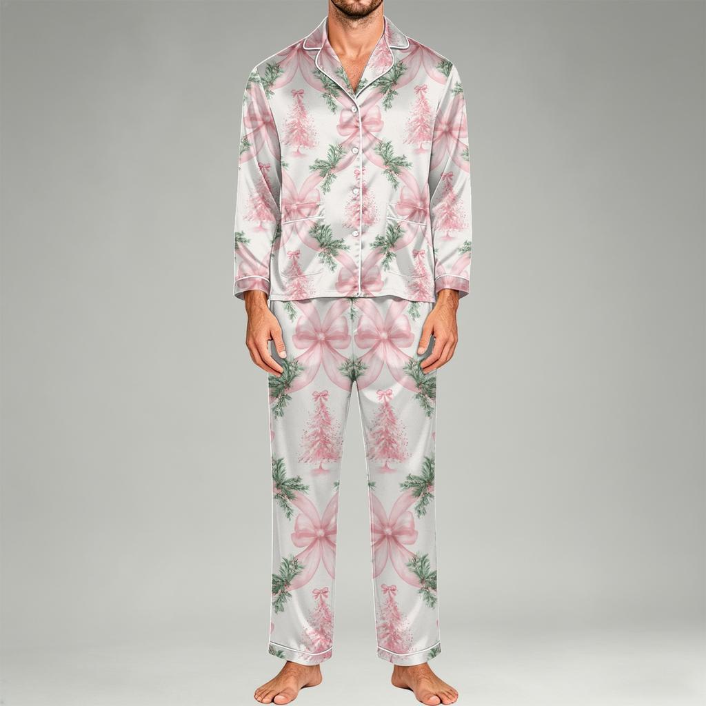 Herren Langarm Button-Down Pyjama-Set mit Hose, 2-teilige Loungewear Nachtwäsche