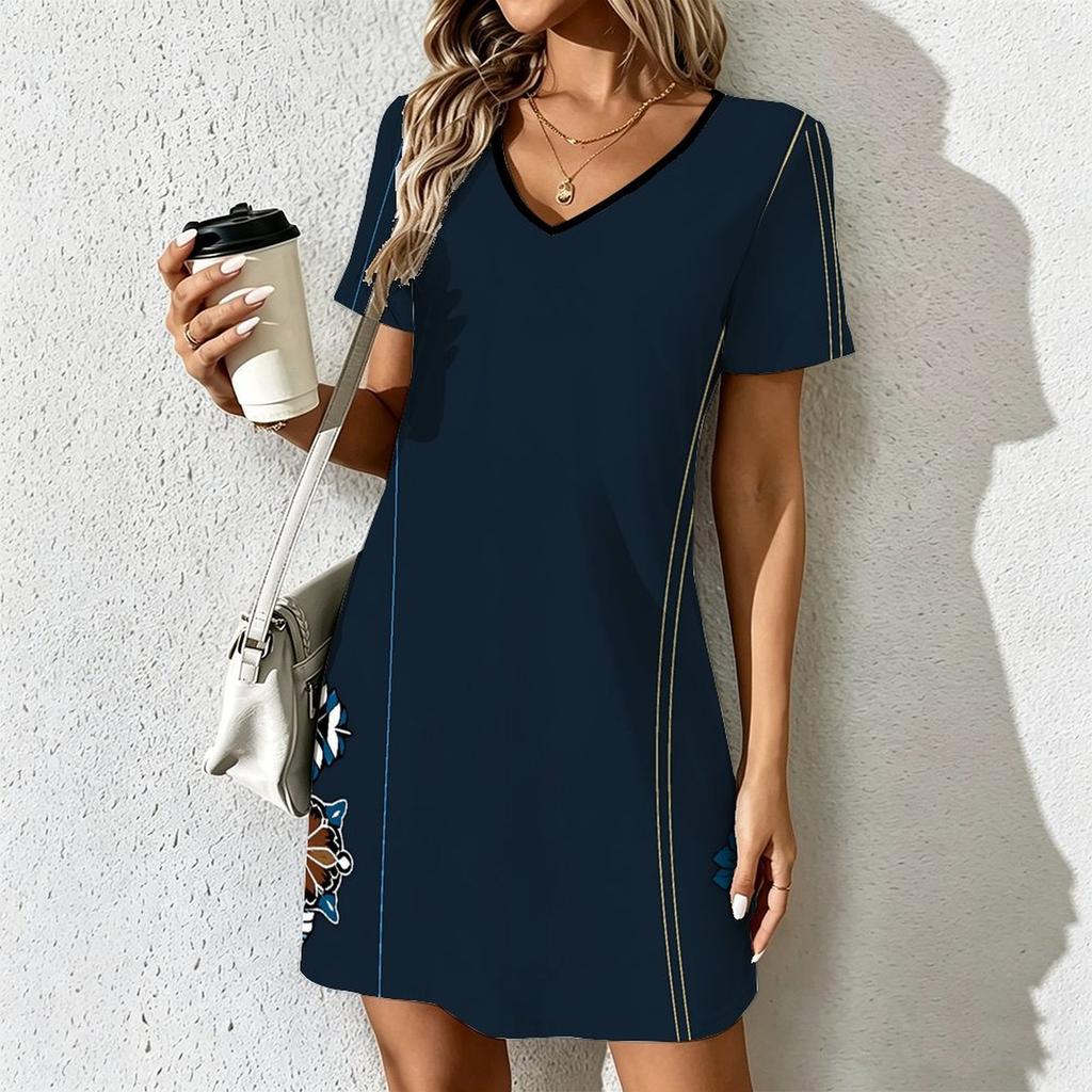 Mode d'été pour femmes Robe à col en V à manches courtes avec imprimé géométrique rétro Jupe courte sexy Robes
