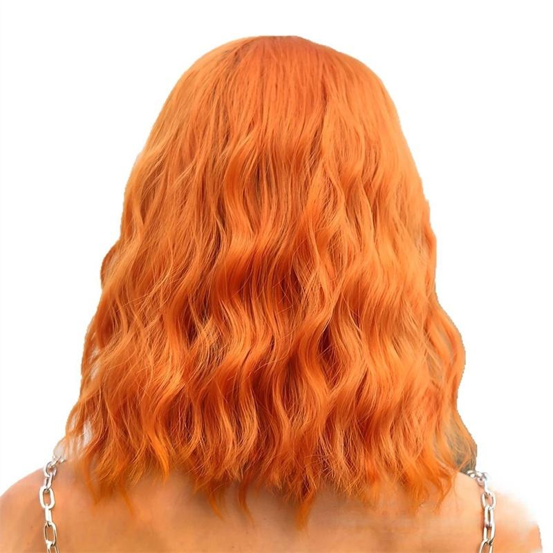 Premium Synthetic Women Short Orange Wavy Wig with Bangs Anime Cosplay Costume Wave Curly Wigs Drag Queen Wig Carnival Party