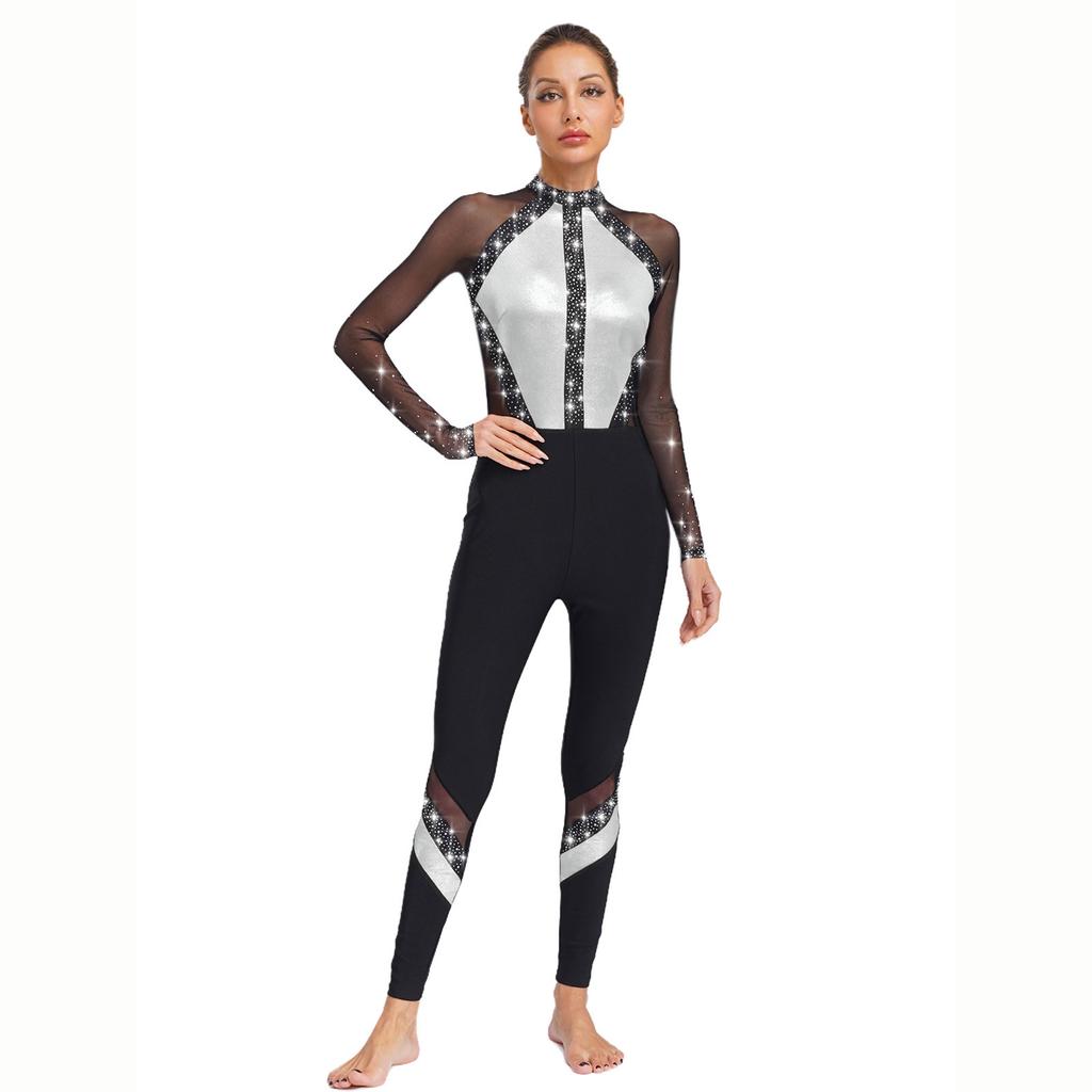 Damsportdräkt med glittrande strass för gymnastik, helkroppsdräkt, färgblock, nät, långärmad body