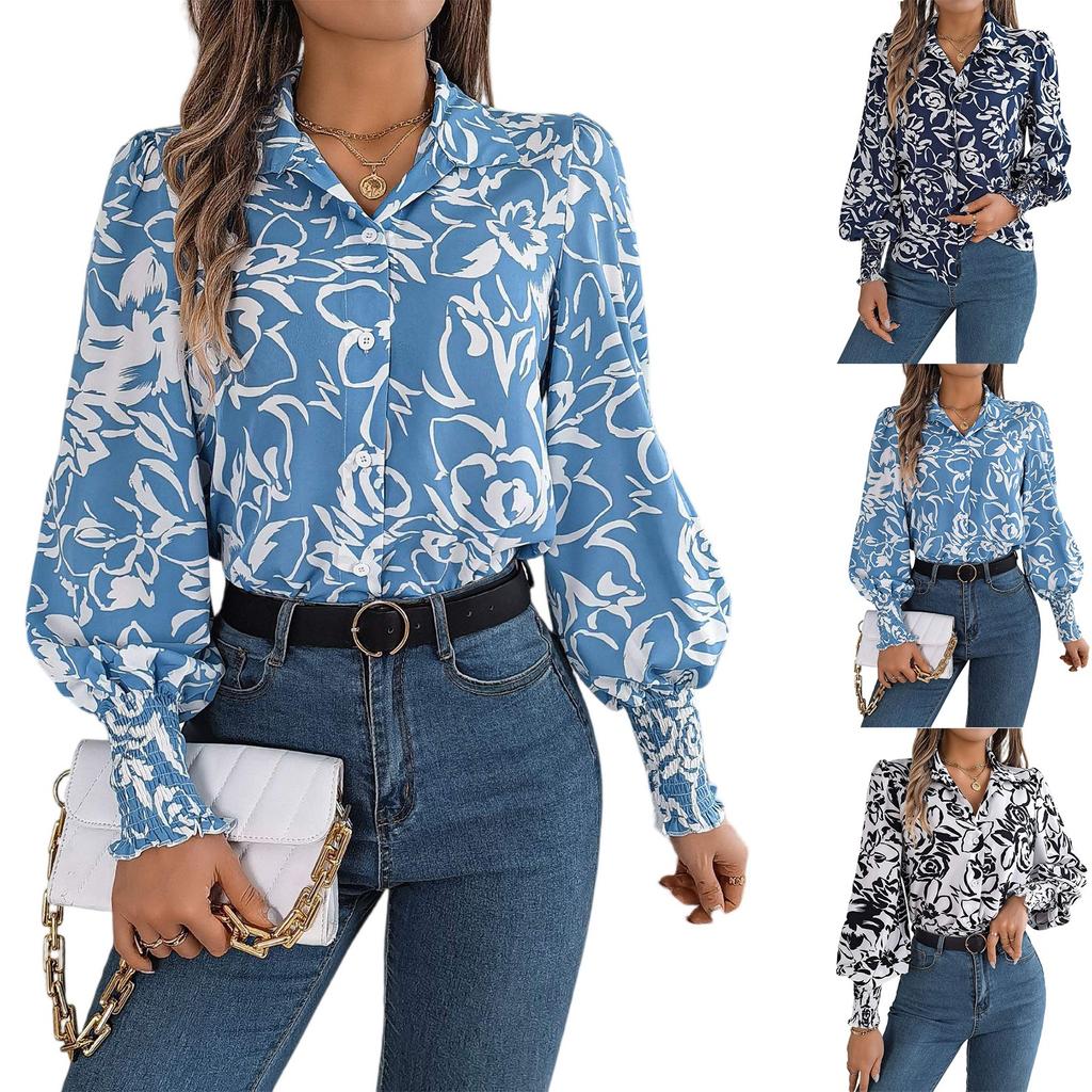 Women's Fashion Contrast Color Flower Long Sleeve Lapel Shirt Long Sleeve Top