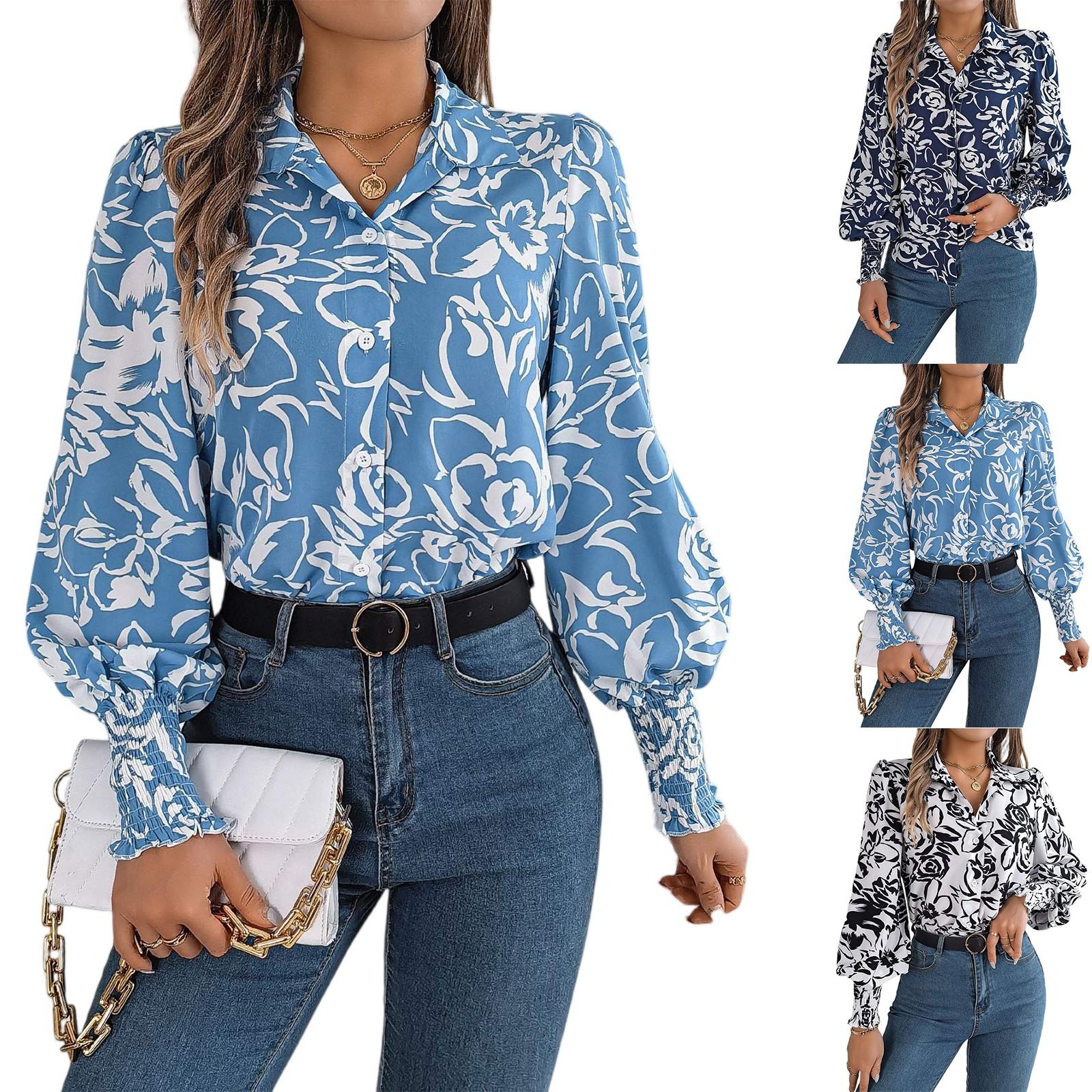 

Women s Fashion Contrast Color Flower Long Sleeve Lapel Shirt Long Sleeve Top XL білий
