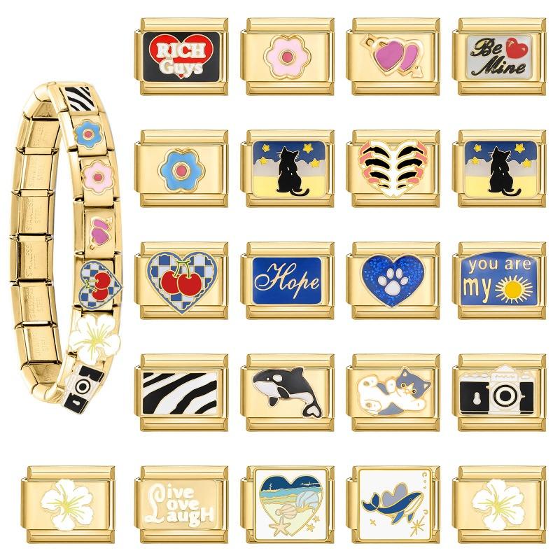 Y2K Golden Charm Camera Heart Cherry Shark Cat Sun Italian Charm Links Fit 9MM Bracelet Stainless Steel DIY Jewelry Making Gifts