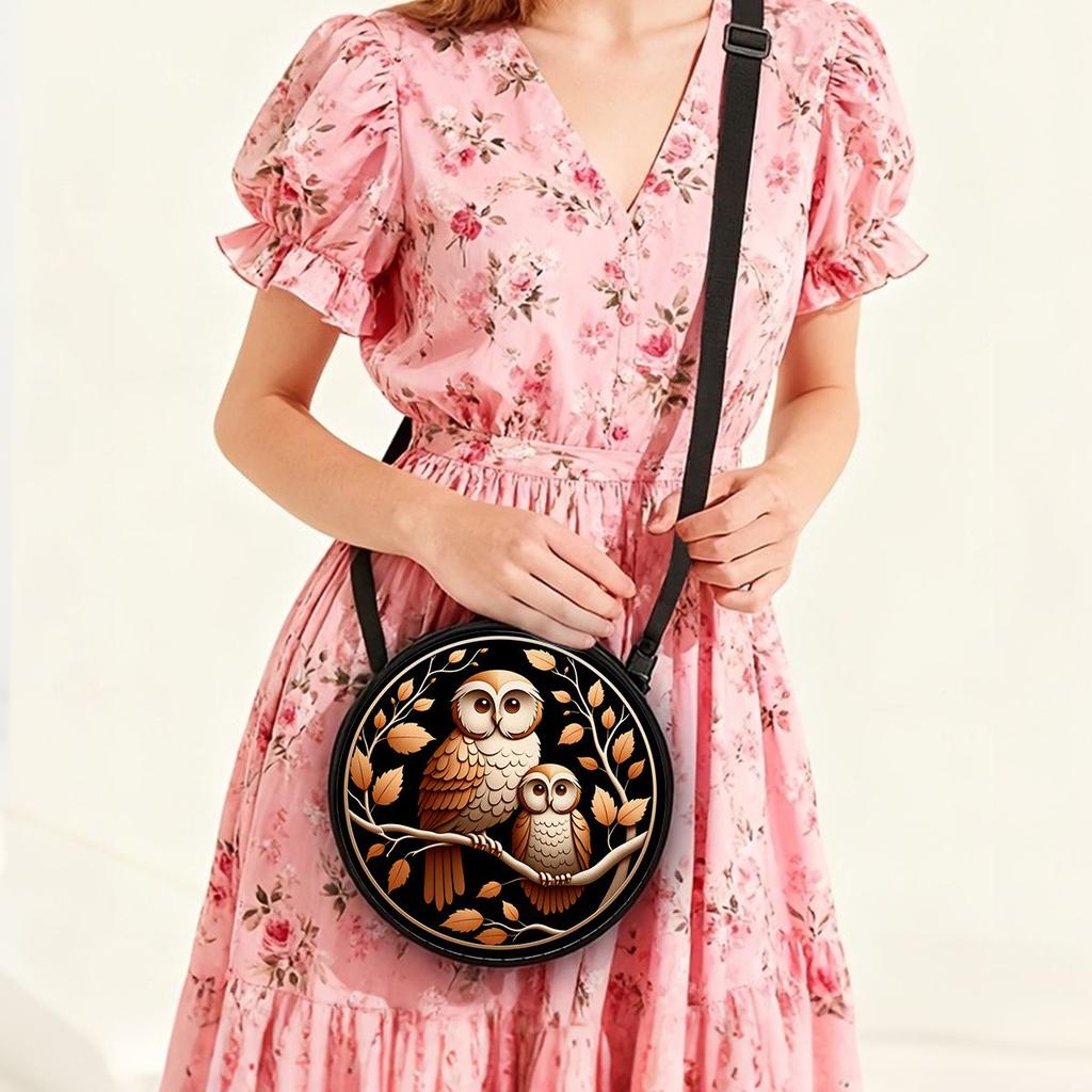 Owl Print Round Shoulder Bag Casual Messenger Bag for Woman Best Gifts 2D Flat Casual Daily Crossbody Bag