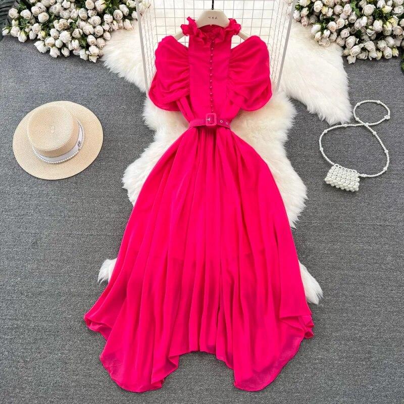 Frauen Süße Stehkragen Off Schulter Plissee Taille Schlank A-linie Elegante Lange Kleid Mode Frühling Herbst