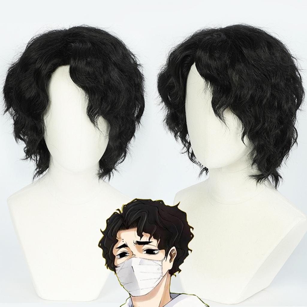 Cosplay Wig Sakusa Kiyoomi Haikyu Short Curly Anime Wig Boy Black Cospaly Wigs Anime Male Synthetic Wig with Bangs Daily School