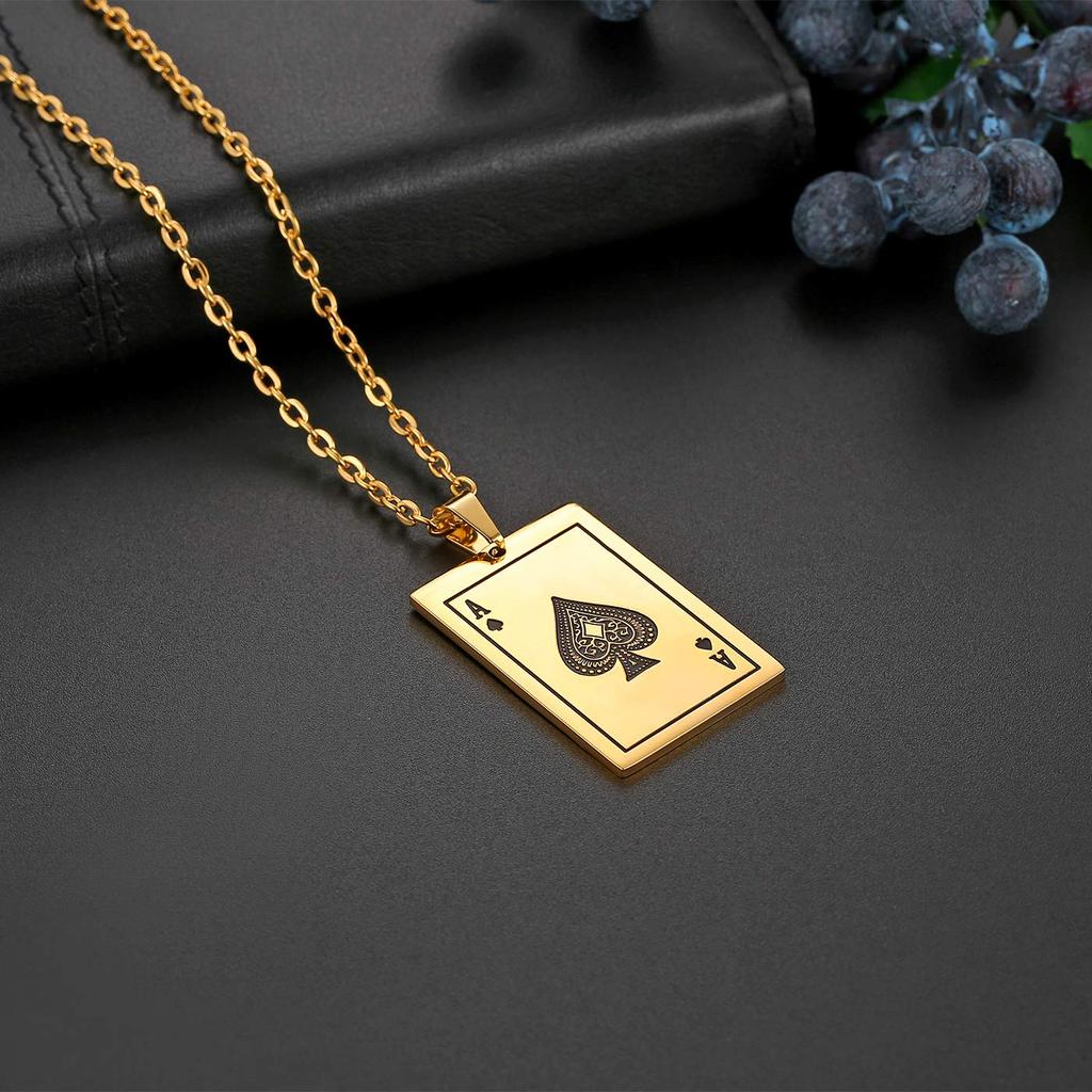 Oidea Playing Card Necklace Pendant Dog Large Stainless Steel Playing Card Spade White Gold Men's Tag, Accessory, Rock, Gothic, Cosplay, Boyfriend,