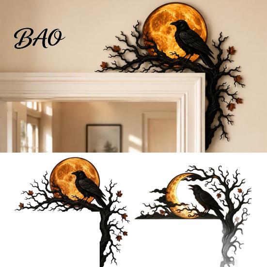 Seasonal Home Ornaments Halloween Raven Moon Door Corner Decor, Spooky Dead?Tree Crow Wall Hanging Gothic Aesthetic Gifts Ornament, Mystical