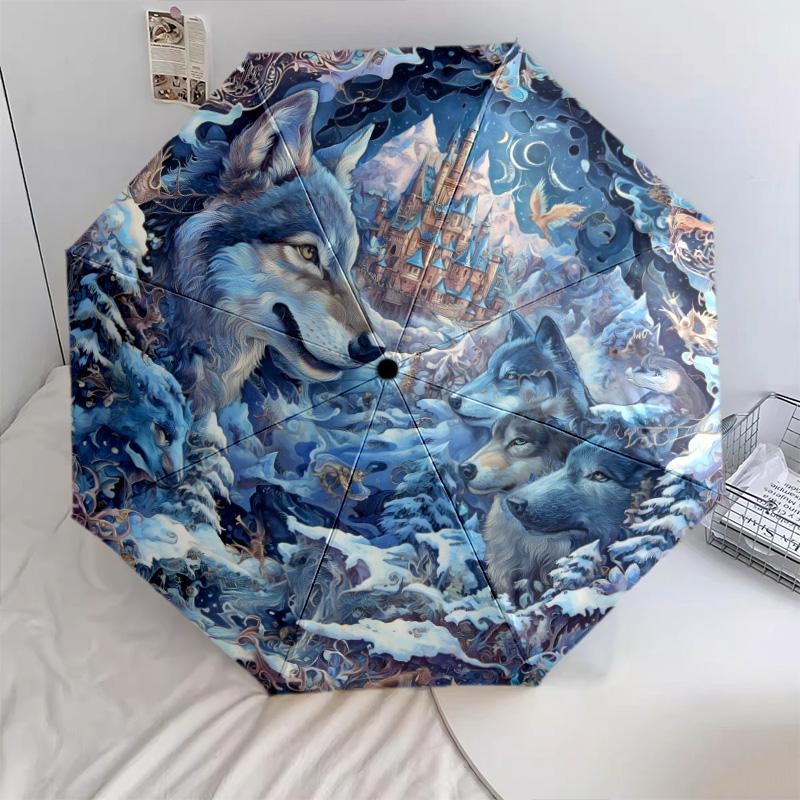 Wolfsmuster, automatisch faltbarer Regenschirm, tragbares und faltbares Design, 8 Rippen, ein Weihnachts- oder Geburtstagsgeschenk.