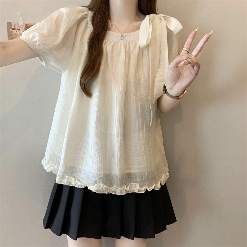 Summer Womens Fashion Solid Color Lace Short Sleeve Shirt with Tie Design Casual Top