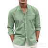 Men's Long Sleeve Cotton Linen Shirt, Mandarin Collar Button-Up Shirt, Solid Color Casual Top