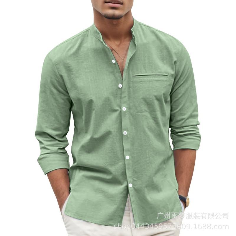 Men's Long Sleeve Cotton Linen Shirt, Mandarin Collar Button-Up Shirt, Solid Color Casual Top
