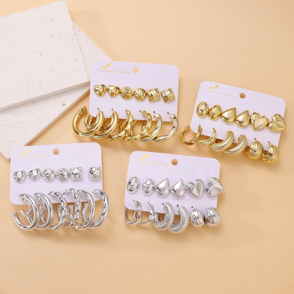 2026 style earrings, personalized earrings C-shaped irregular exaggerated alloy earrings 6-piece set, gold and silver card wholesale