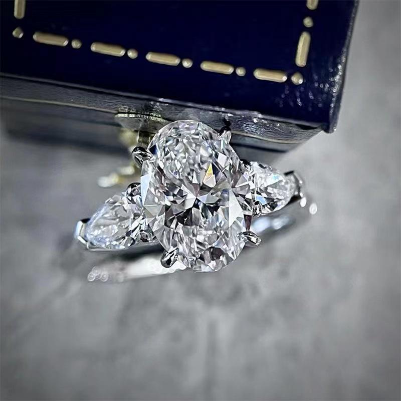 Oval Pigeon Egg Tri-Color Stone Diamond Ring – Elegant Luxury Wedding & Proposal Ring for Women