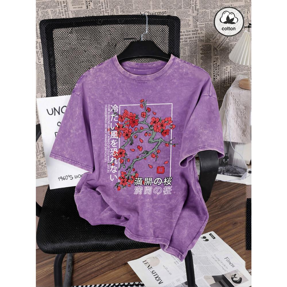 Japan Tokyo Beautiful Cherry Blossom Printed Women Washed T Shirt Summer Cotton T-Shirts Loose Y2K Clothe Short Sleeves