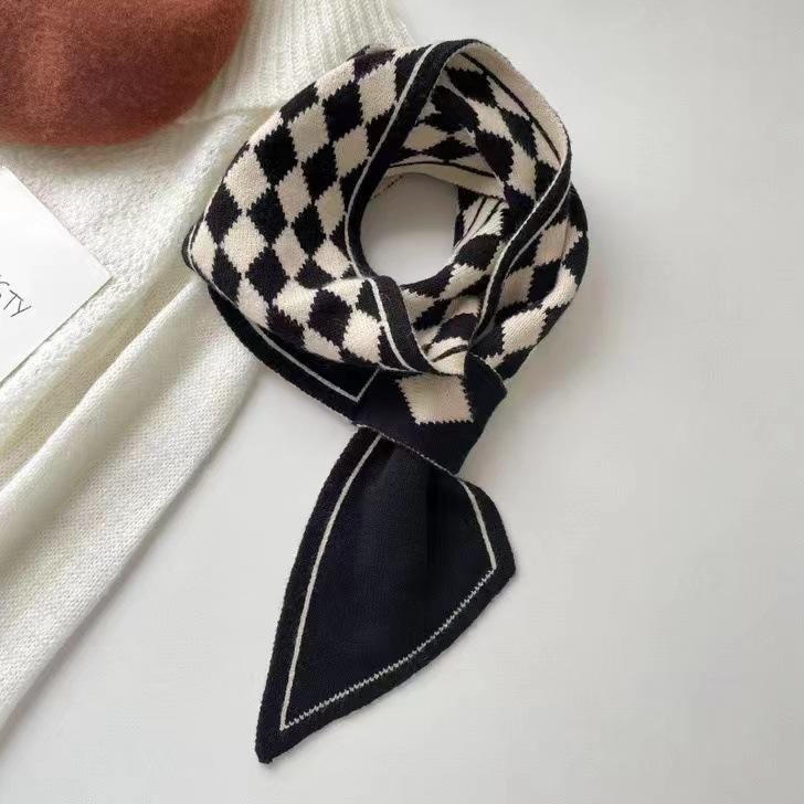 Women's Korean Style Knitted Wool Scarf Spring Autumn Cross Short Plaid Strips Scarves Winter Neck Cover Neck Scarf All-match Collar Scarf