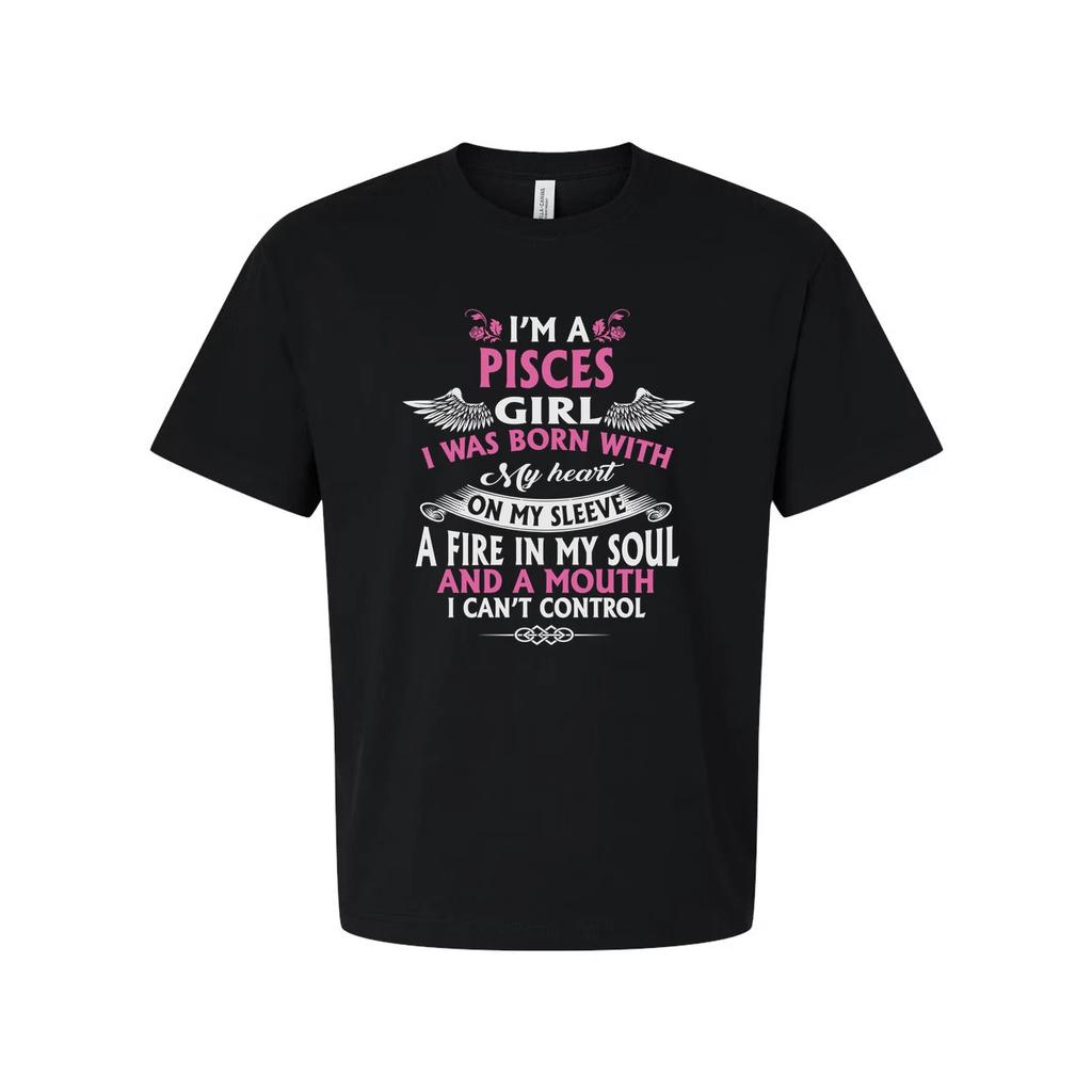 Pisces Zodiac Unisex Graphic T Shirt With Pink Script Wing Accent Design And Cas