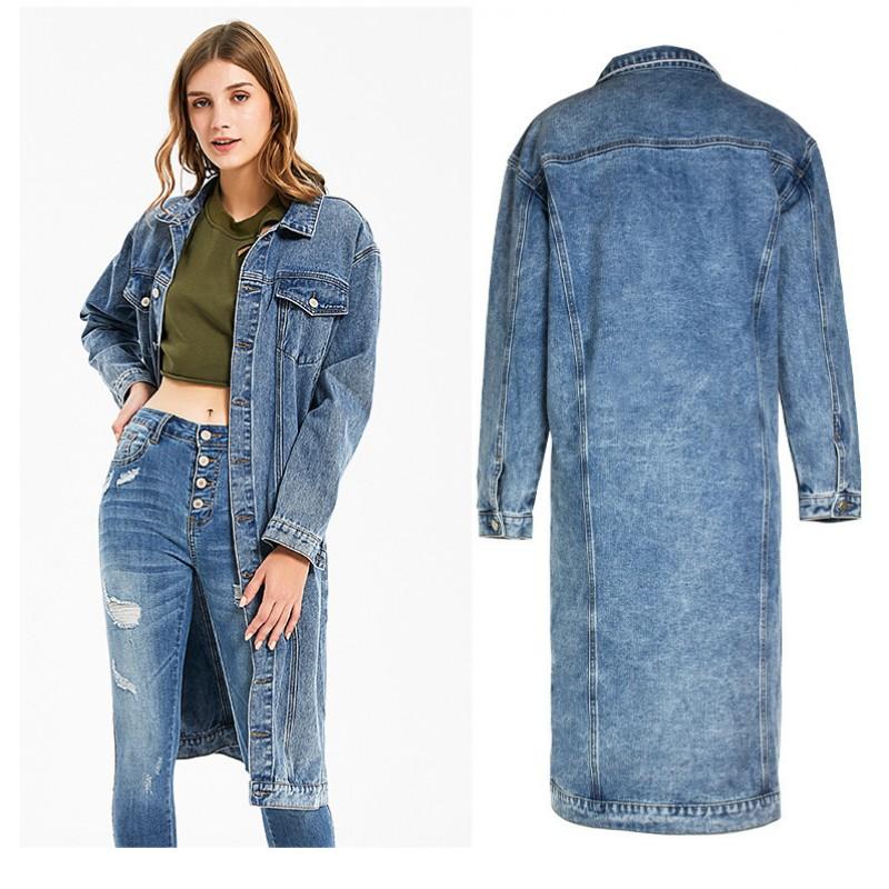 Giacca Lunga in Denim da Donna Slim Fit Lavata Stile Vintage Streetwear Cappotto Oversize