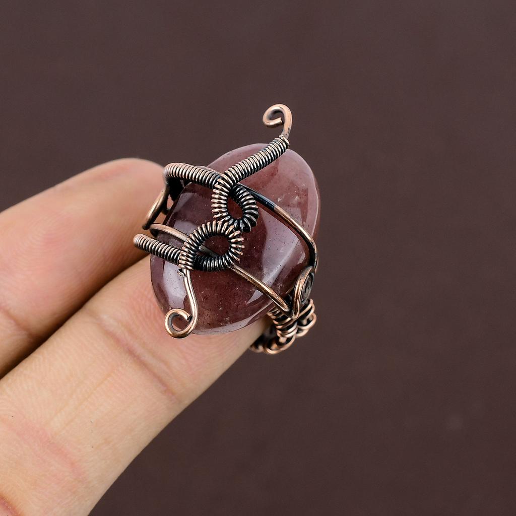 Natural Strawberry Quartz Gemstone Handmade Copper Wire Wrap Ring Size 7 Y1e99
