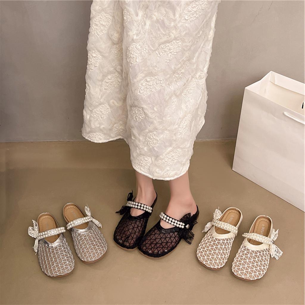 Fashion Cover Toe Flat Shoes Female String Bead Woman's Slippers Butterfly-Knot Slides 2025 Sweet Butterfly-knot Butterfly-Knot Shoes Sl