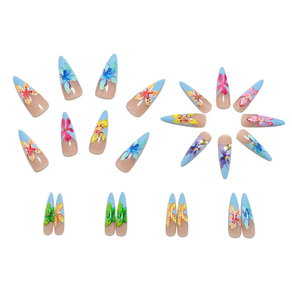 3D Embossed Colorful Flower Long Stiletto Nail Art Stickers - European/American Style Detachable Fake Nails
