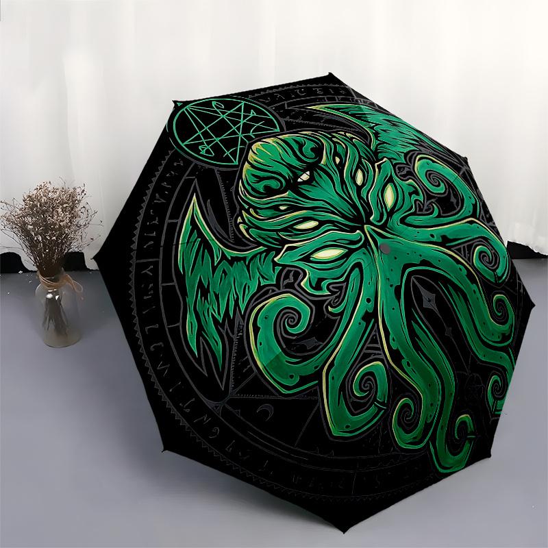 Grüner Cthulhu Mythos - Mystischer Oktopus Regenschirm, Tragbarer 3-fach Regenschirm für Damen & Herren, Weihnachtsgeschenk ES328