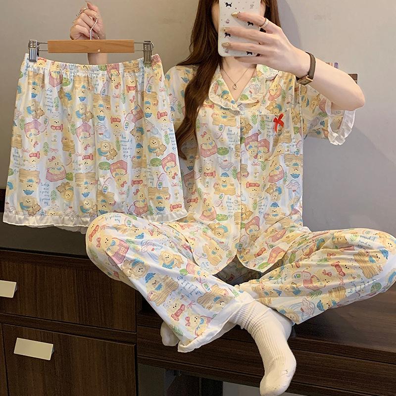 

Пижама женская летняя новая мультяшная из тонкого имитированного хлопка, милая, с оборкой в виде листка лотоса, с коротким рукавом, домашняя одежда, комплект из трех предметов 2XL [Recommended 135-75kg]