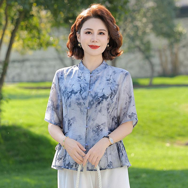 

Spring Chinese-Style Tang Suit: Round Neck, Seven-Sleeve Tops for Middle-Aged & Elderly Moms 4XL (135-145 jin) синій