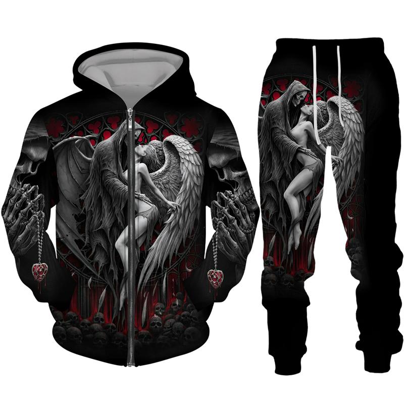 Sudadera con cremallera negra y pantalón con estampado 3D de calavera fresca, conjunto de chándal estilo gótico punk para hombre y mujer, conjunto de chándal 2026, disfraz de streetwear para Halloween