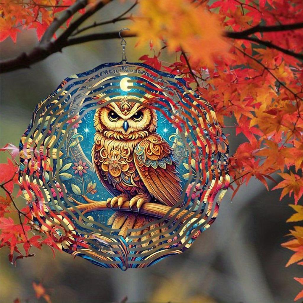 1pc Metal Mandala Wind Chime with Owl & Floral Night Design - All-Season Outdoor/Indoor Hanging Decor for Gardenift