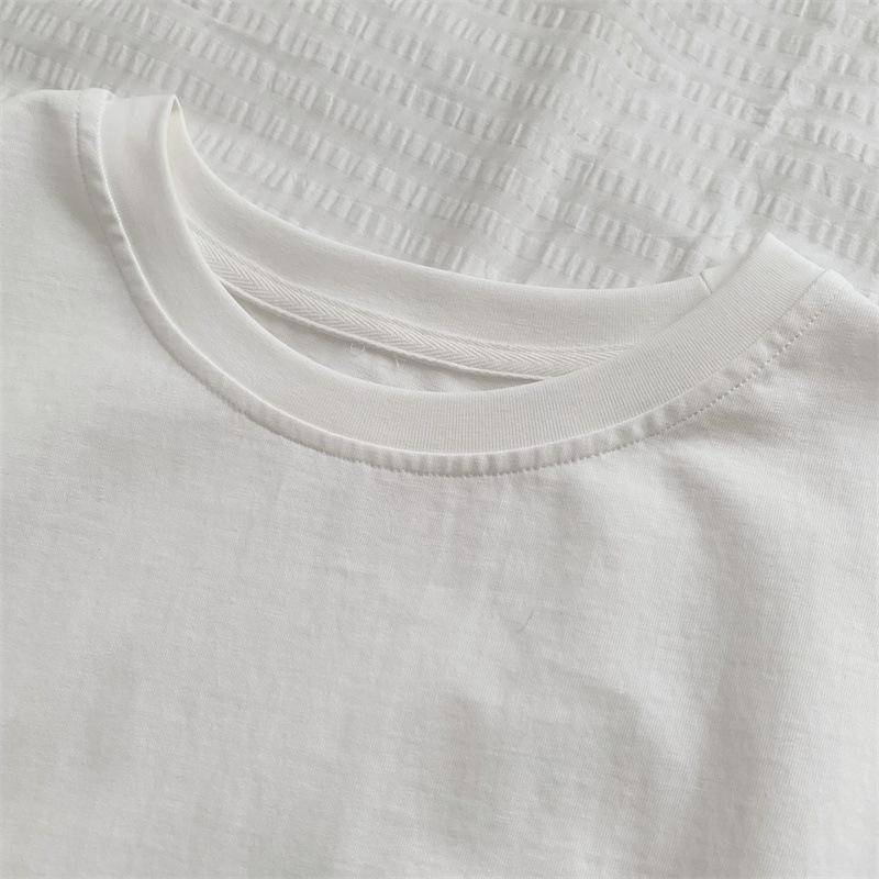 Mid-Length Cotton T-Shirt with Lace Trim – Casual, Loose Fit, Round Neck, Short Sleeve