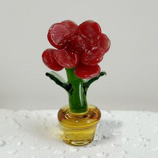 Mini Glass Rose Flower with Pot Colorful Rose Flower Ornaments Collectible Hand Blown Faux Crystal Flower Figurine for Mother's Day Birthday Table