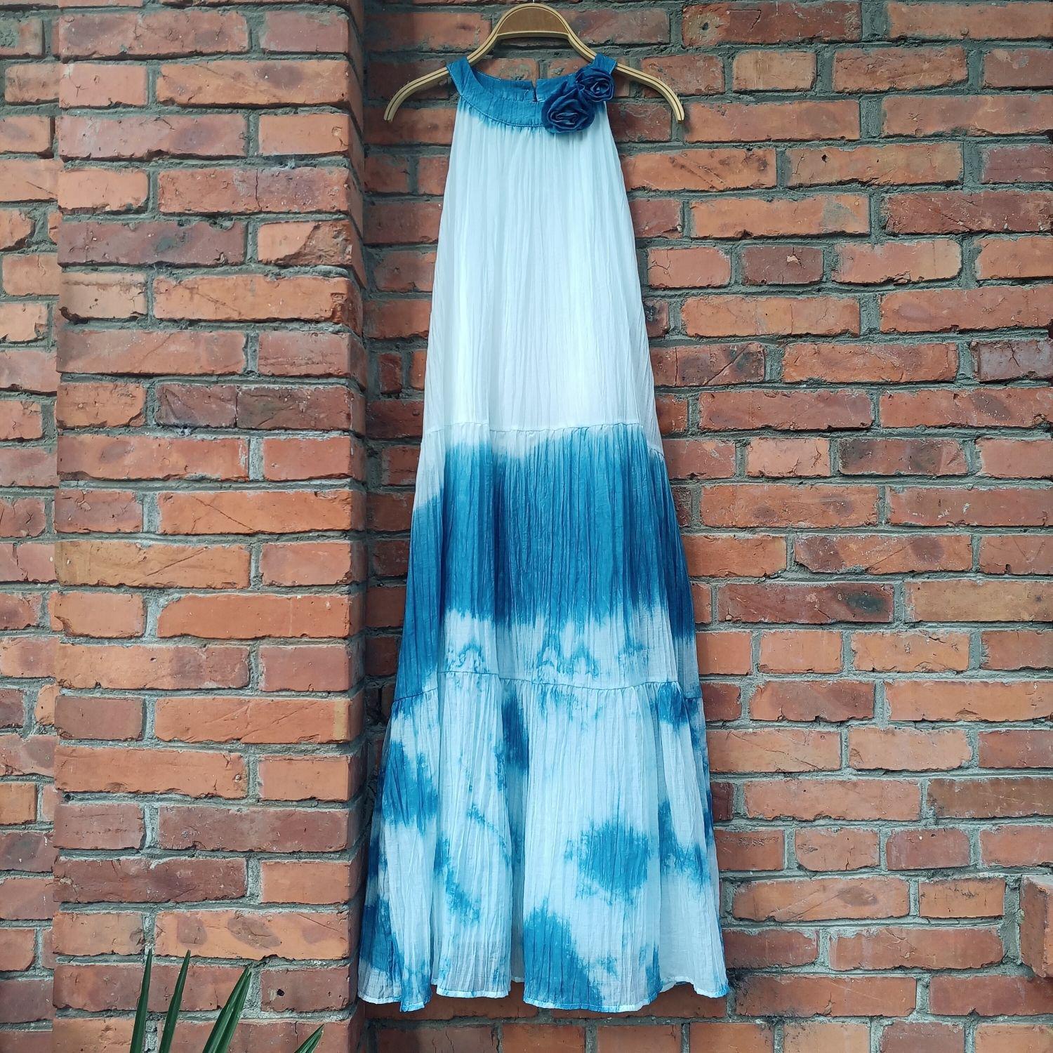 Hand-Dyed Blue Banlangen Artistic Travel Photography Slim Dress One Size
