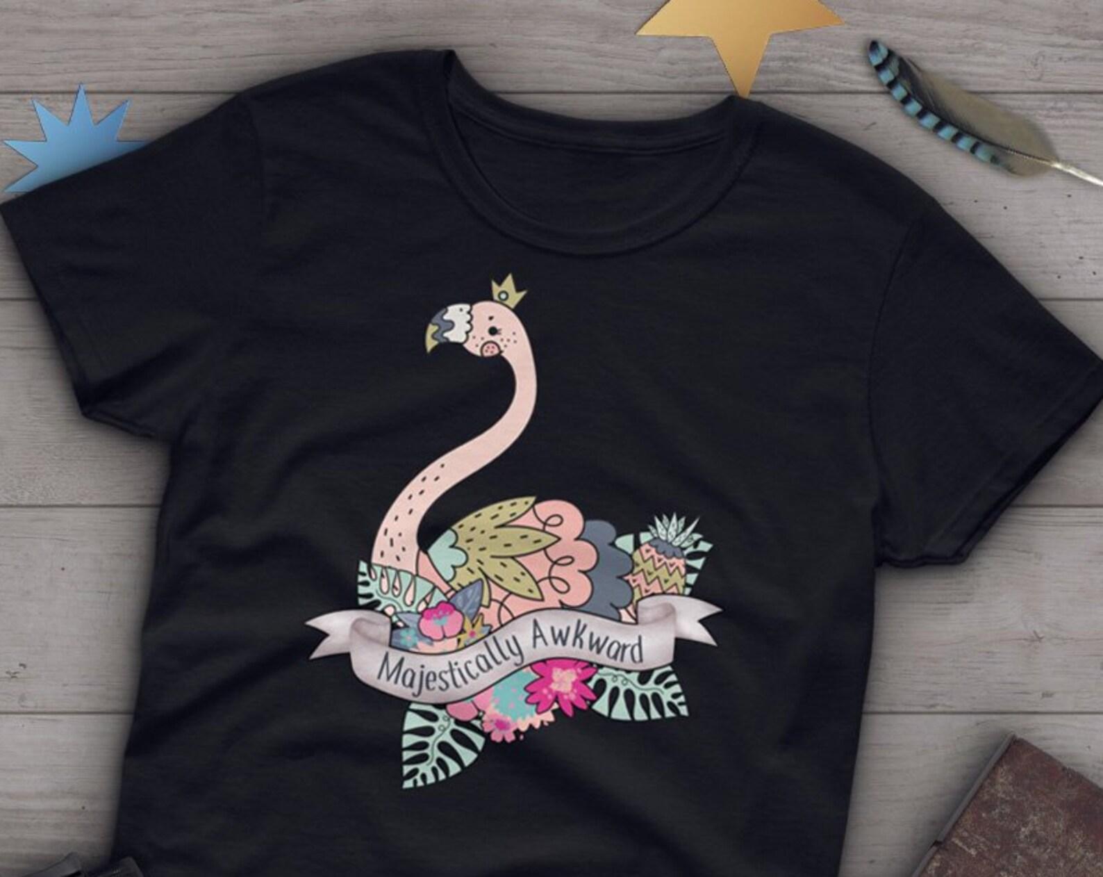 Flamingo Shirt, , Flamingo Lover Gift, Cute Flamingo T-shirt, Pink Flamingo Tshirt, Bird Graphic Tee, Majestically Awkward, Navy 140
