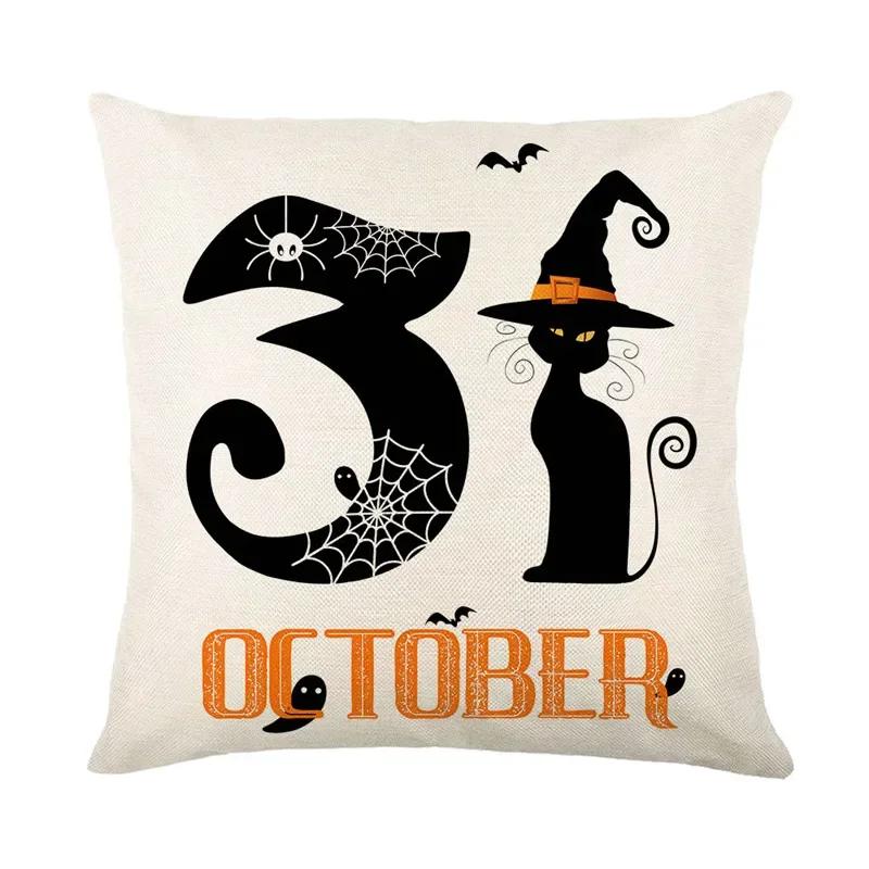 40/45/50cm Halloween Party Decorations Linen Pillowcase for Sofa Black Witch Ghost Print Throw Pillow Cover Home Decor