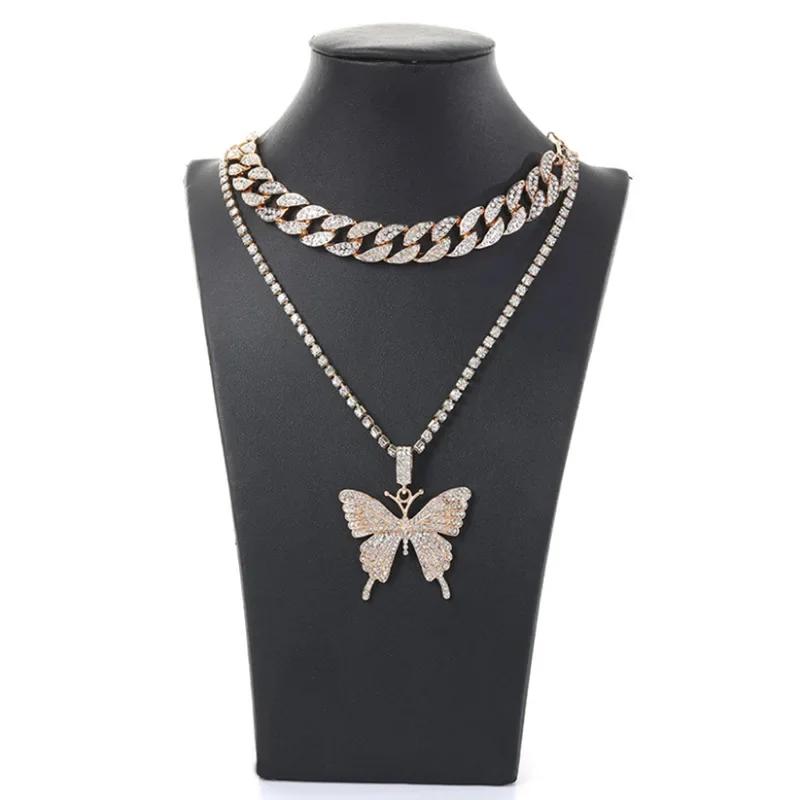 Collier Papillon Cubain pour Femmes Pendentif Strass Transfrontalier Européen et Américain Chaîne de Cou Accessoires Punk Rétro Hip Hop