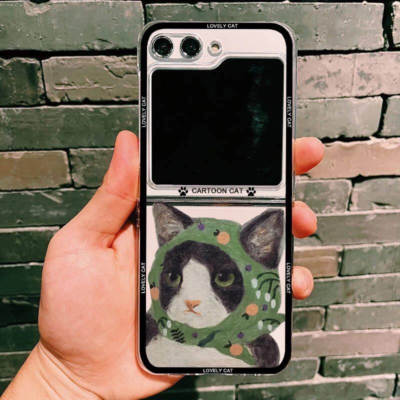 Funny Cute Cartoon Cat Phone Case For Samsung Galaxy Z Flip 6 5 4 3 For Samsung Flip6 Flip5 Flip4 Hard Folding Transparent Cover Samsung Galaxy Z Flip6