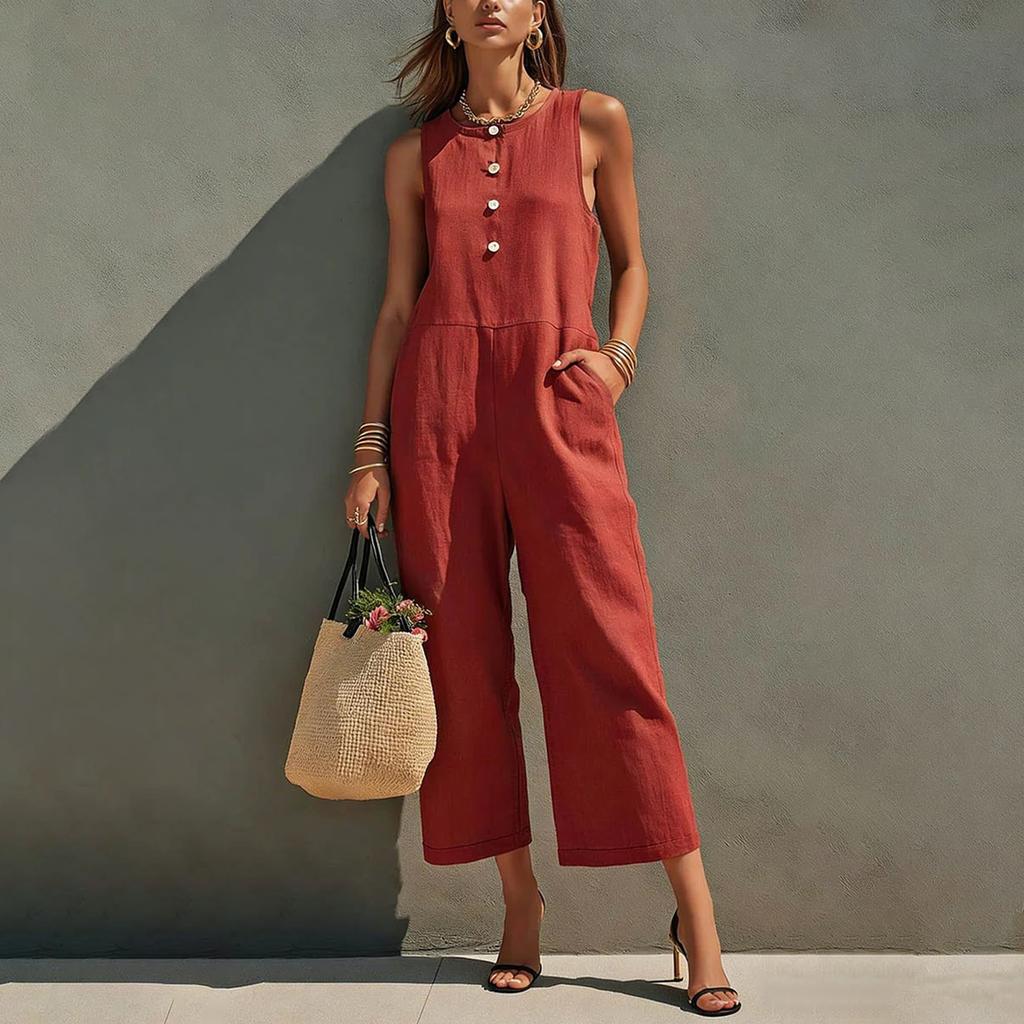 Modischer Damen-Jumpsuit mit Rundhalsausschnitt, Knöpfen, ärmellos, Tasche, lässig, Retro, weites Bein, Sieben-Viertel-Länge