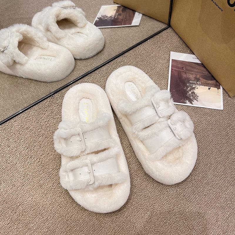 Niche thick-bottomed fluffy slippers women's fashion buckle with autumn and winter one-word mop 2025 new velvet warm cotton mop