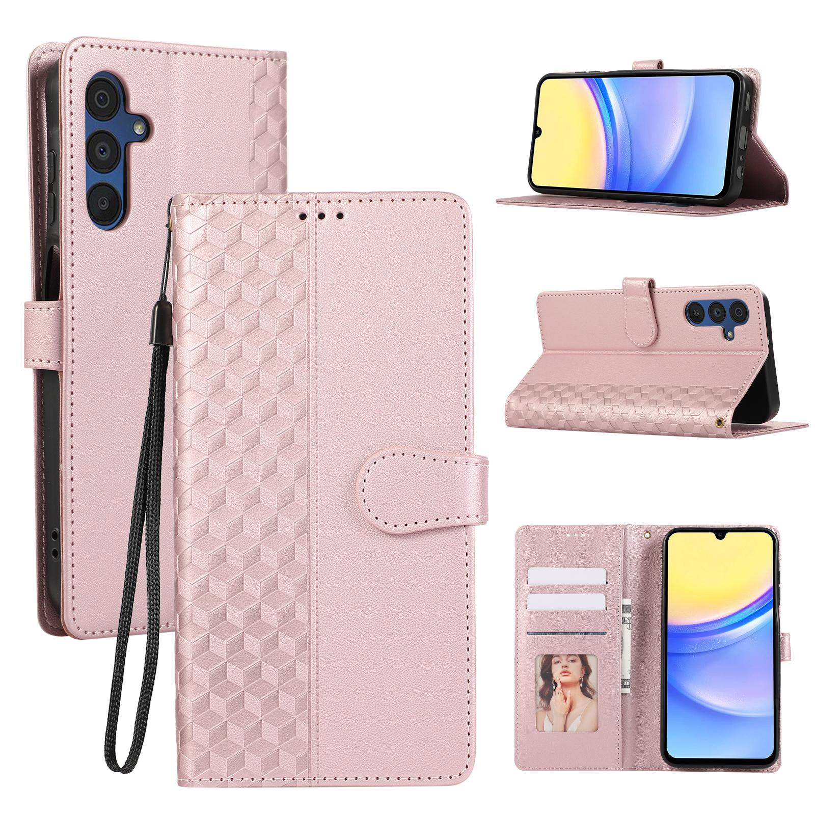 

Leather Case For Samsung Galaxy A17/A26 5G/A16 5G/A16 4G 3D Rhombus Grid Imprinted Wallet Phone Cover with Lanyard Rose Gold