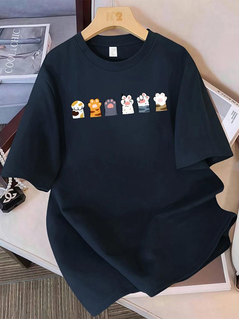 Různé barevné kombinace kočičích tlapek Potisky Letní trička Dámská trička s krátkým rukávem Měkké topy s kulatým výstřihem Základní oblečení